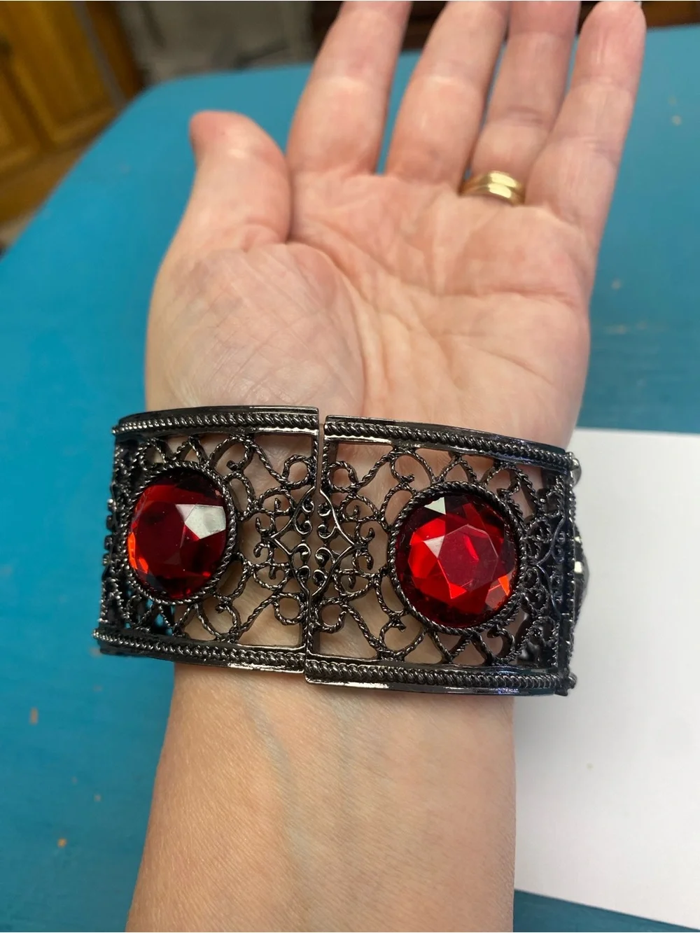 Black Filigree Cuff Bracelet with Red Gemstone